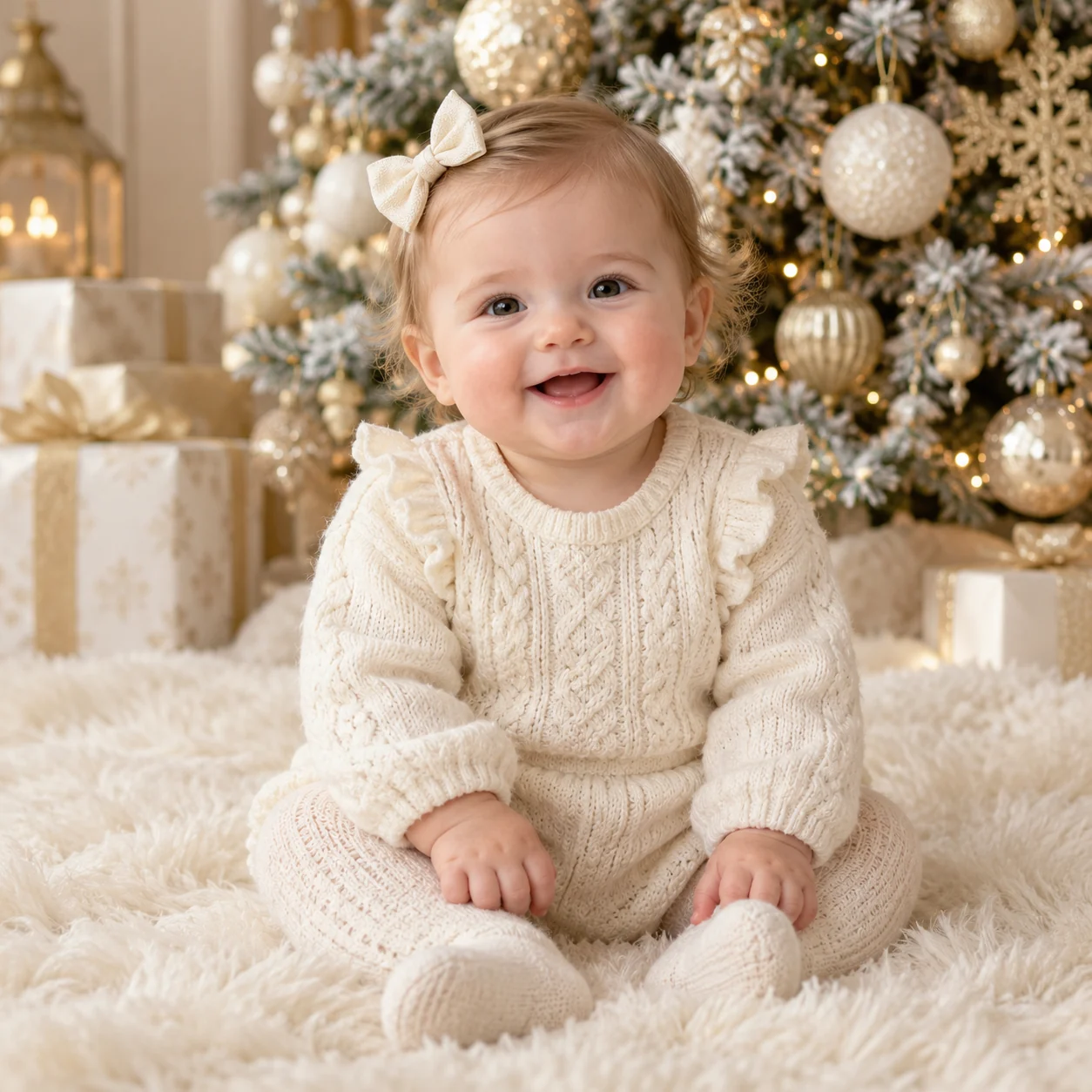 Bebé en un escenario navideño blanco, dorado y crema