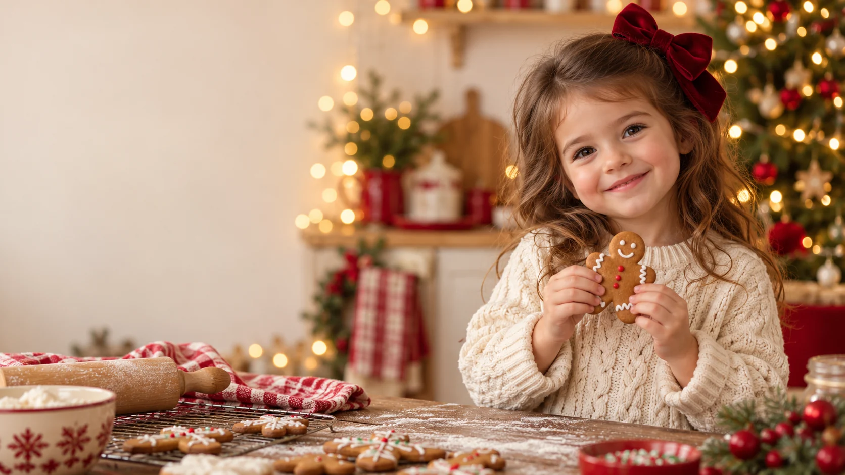 Niña con moño rojo disfrutando una galleta de jengibre en un escenario navideño